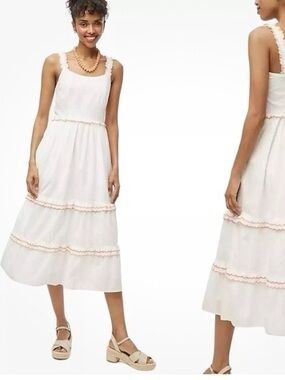 J. Crew White Midi Tiered Dress with Pink Trim NWOT - 100% Cotton